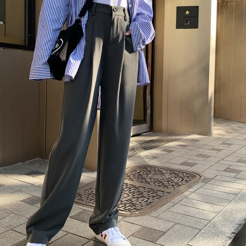 

Women 2022 Chic Loose Solid Slim Full Length Casual OL Wide Leg Pants Loose Fashion Straight Casual High Waist Pants 9756