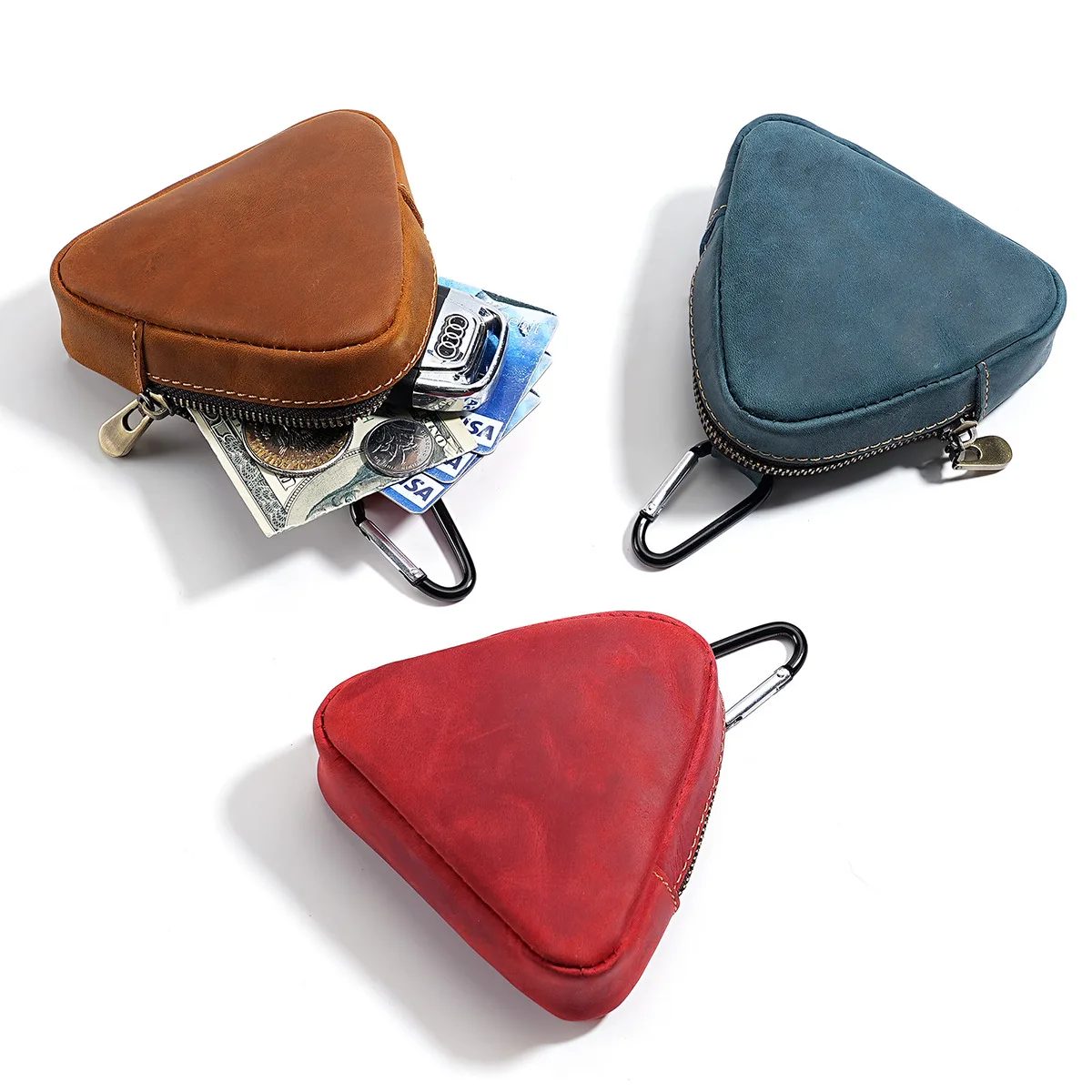

Leather Triangle Pouches Coin Purse Mini Organizer Bags Cowhide Coin Holders Keychain Pockets Credit Card Holder for Waist Pack