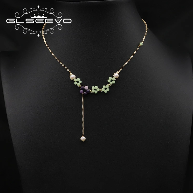 GLSEEVO Natural Freshwater Pearls Green Crystal Pendant Necklace For Woman Fashion Luxury Trend Wedding Jewelry Anniversary Gift