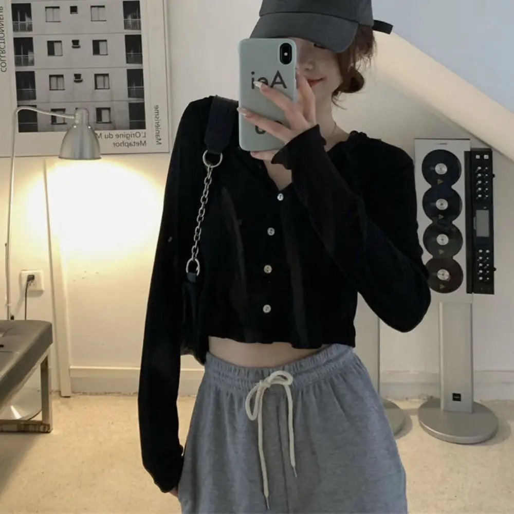 Fashion Button Hoodie Women Y2K Lace Up Cardigan Slim Crop Top Clothing Sweet Long Sleeve T Shirts Travel