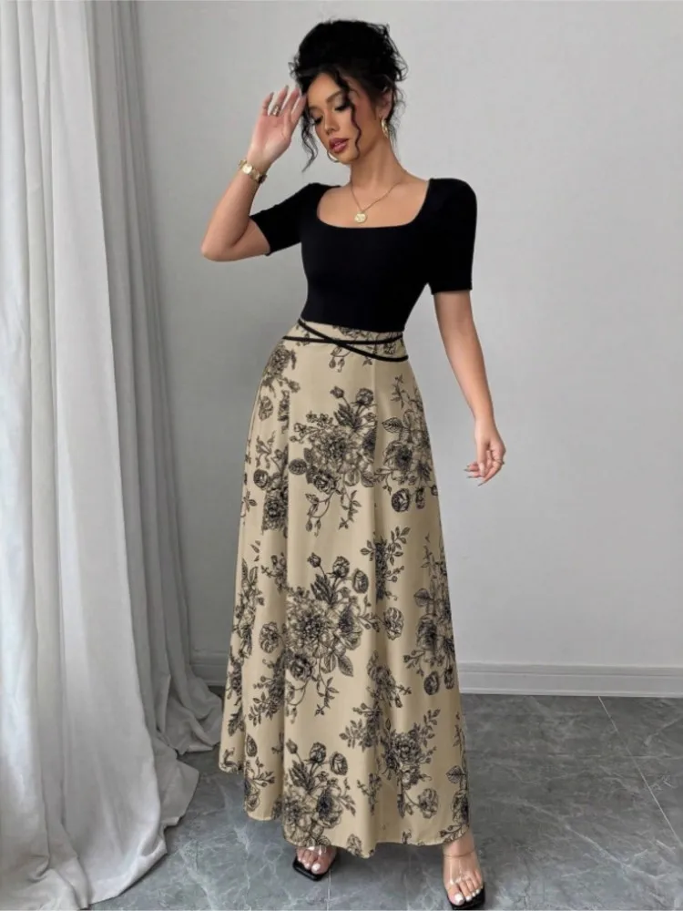 MsChuh Summer 2026 Party Dresses For Woman Printed Short-sleeved Evening Dress Patchwork Lace-up Vestidos Temperament Contrast