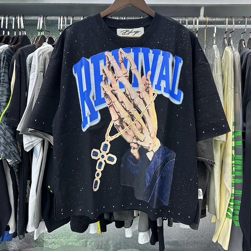 

26SS Washed BKYS Revival F-Terry Cropped T Shirt Street Fashion Mens Womens High Quality Casual Style Hot Drilling Tee