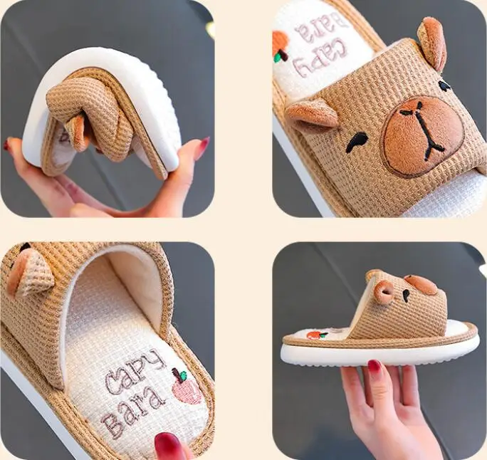 Capybara Kinder-Leinenhausschuhe Frühling Herbst Rutschfeste Weiche Sohle für Jungen Mädchen Eltern-Kind Hausschuhe Damen Bodenschuhe – Detail 3