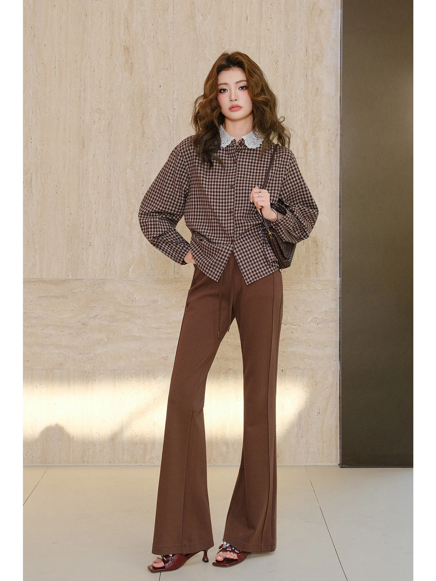 

Retro Sle Long Sve Lace Trimmed Hollow out Doll Collar irt Women's Faionable Breathable Comfortable Plaid irt