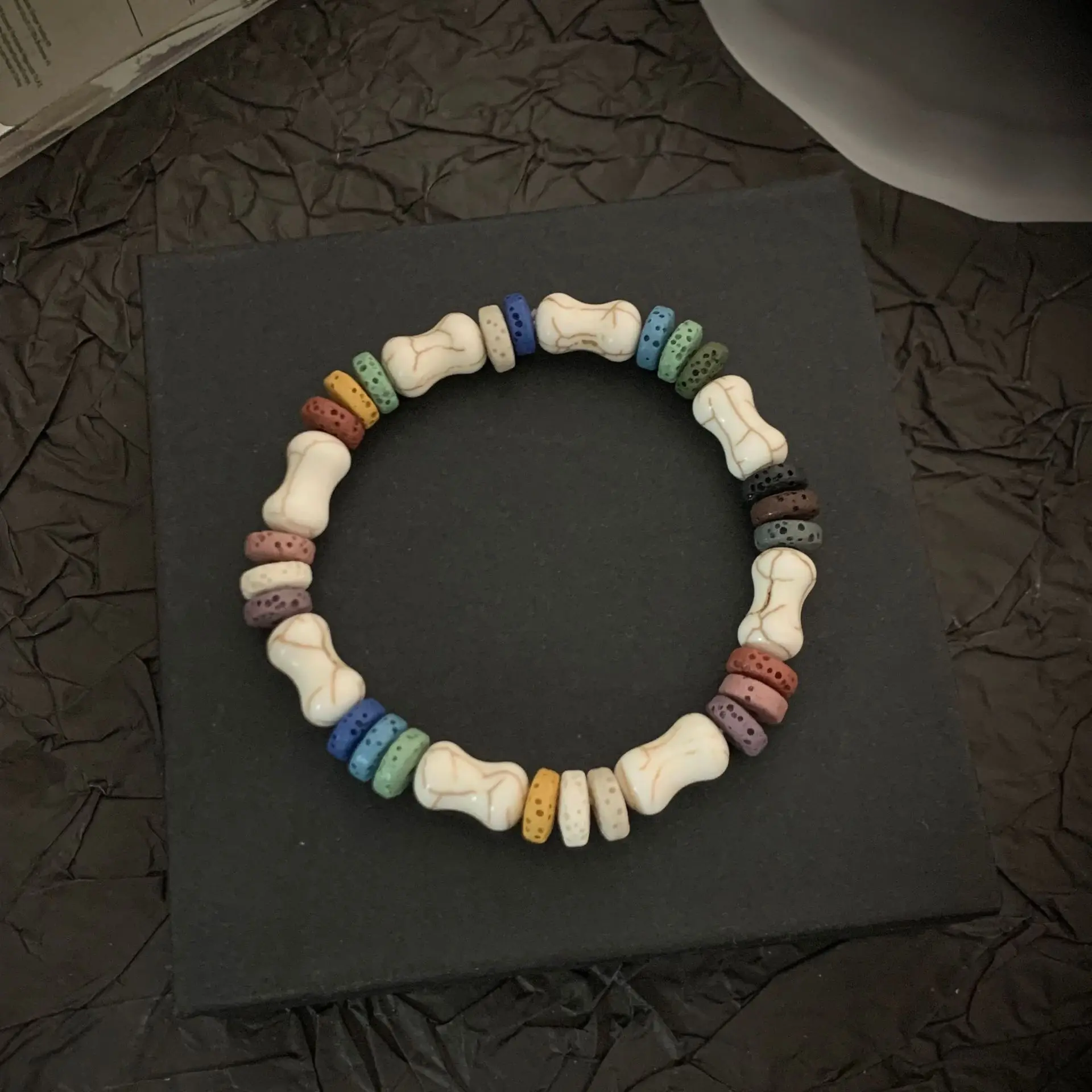 Meetvii Vintage Colored Volcanic Stone Bracelets for Women Men Design Puppy Bone Beads Bracelet Couple Accessories