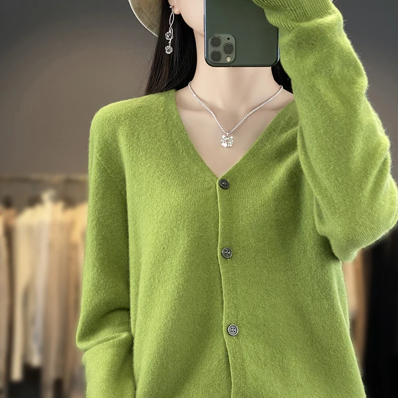 New Women\'s V-neck thin Cardigan 100% Wool Comfortable Soft Knitwear Solid Color Cardigan WQ015