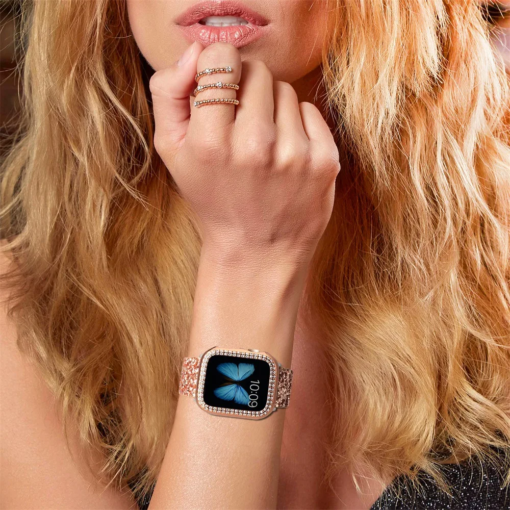 Leather Strap+Case Kit For Apple Watch 9 8 7 6 5 4 SE Ultra 2 49mm Fashion Shiny Women Bracelet iWatch 45mm 44mm 42mm 41mm Band