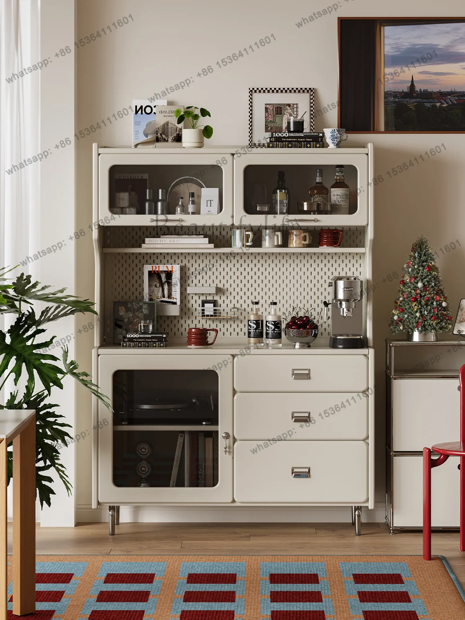 

12Japanese cream coffee cabinet shelf against the wall Home living room glass tea cabinet