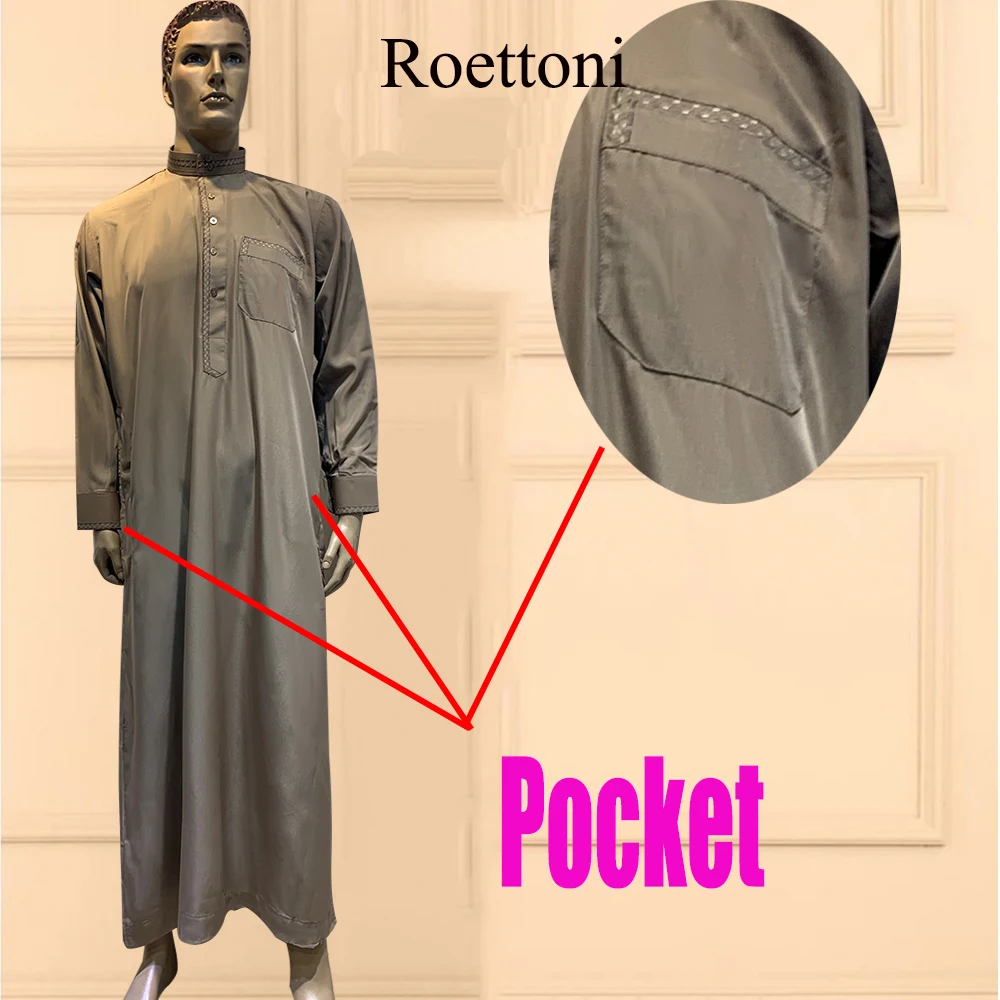 1 Piece Low Neck Ethnic Shirt Muslim Men\'s Jubba Thobe Kaftan Prayer Dress Qatar Pakistan Djellaba Islam Cloth Arabic Long Robe