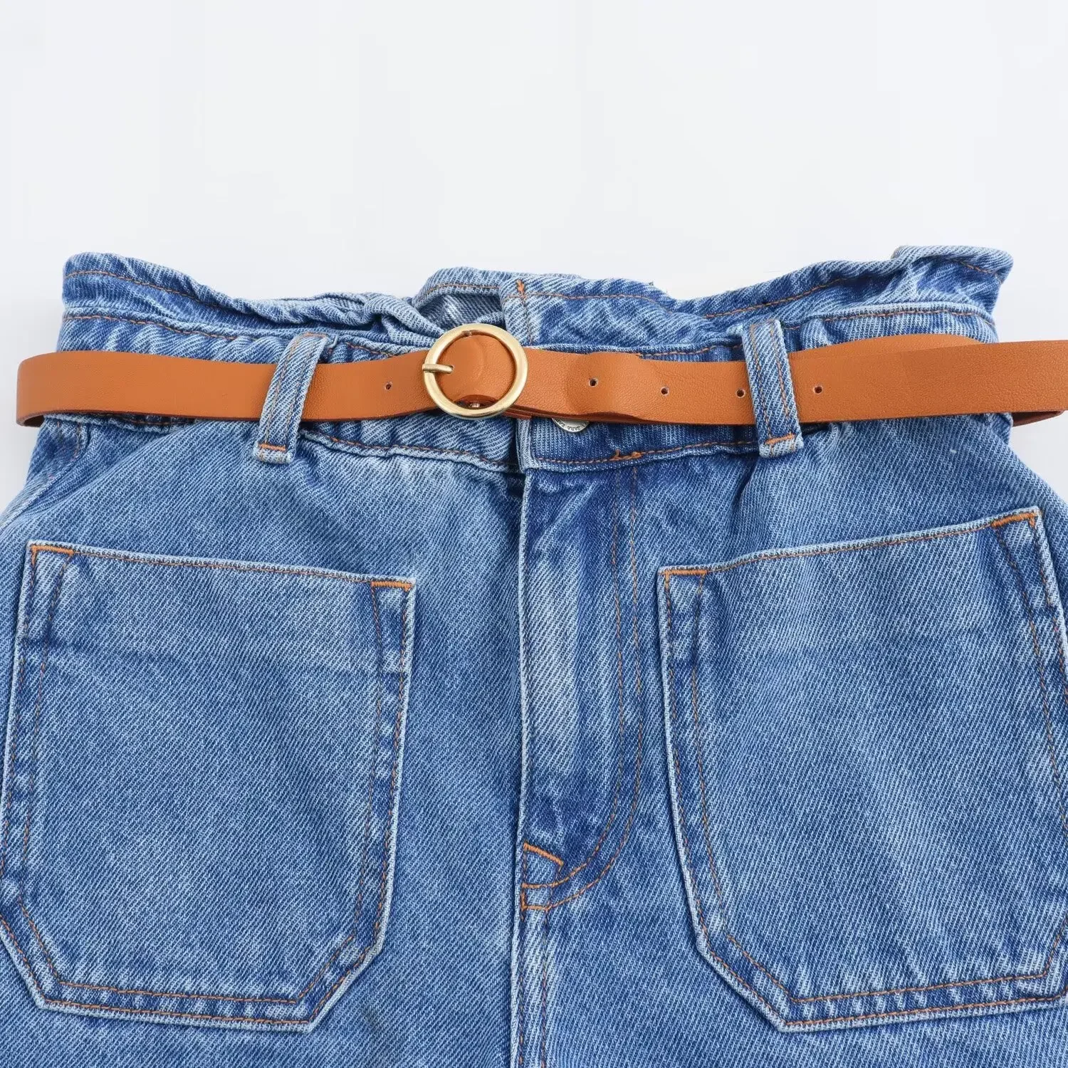 Shorts jeans de cintura alta feminino, shorts retrô com zíper, versão solta, decoração de bolso para cinto, moda casual, novo, 2024