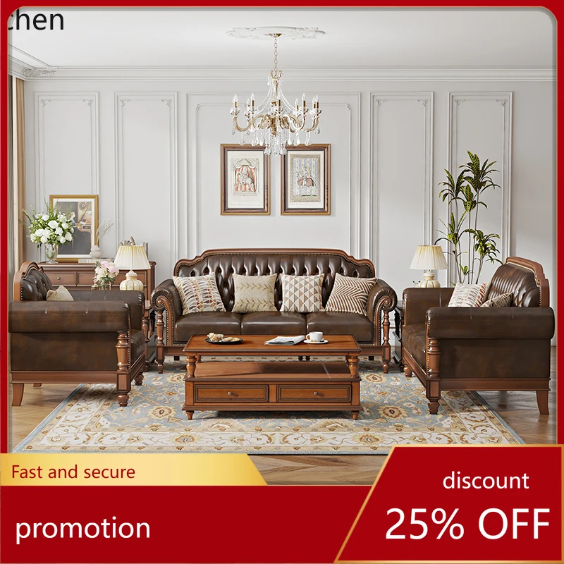 

HT retro solid wood leather sofa first layer cowhide combination living room villa furniture four people