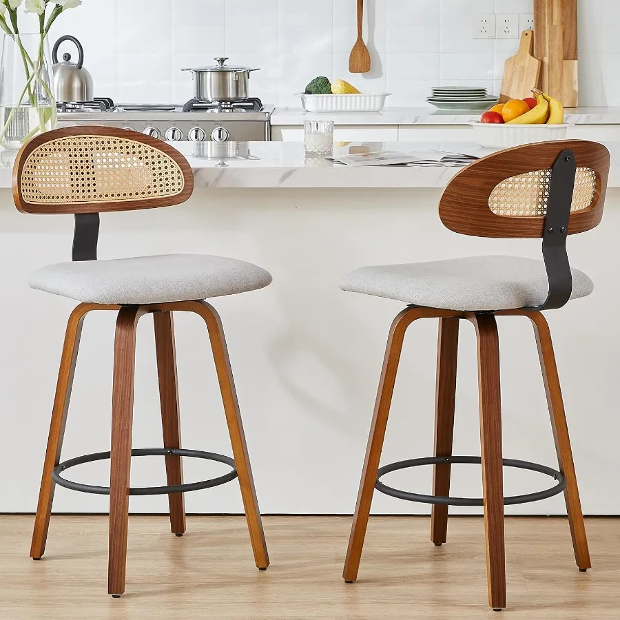 Swivel Counter Height Bar Stools 26 Upholstered Seat with Rattan Back and Bentwood Frame in Grey Mid Century Modern Design for