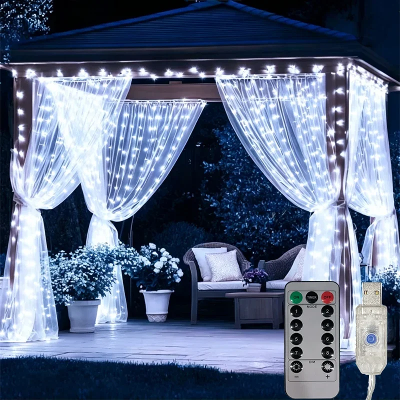 LED Curtain Lights String 8 Modes USB Powered Christmas Garland With Remote Control Fairy Lights Room Wedding Party Decorations