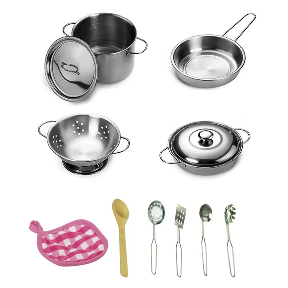 Kitchen Pretend Play Accessories Toys with Stainless Steel Cookware Pots Pans Kids Kitchen Toy Set Mini Cooking Game Pot Shovel