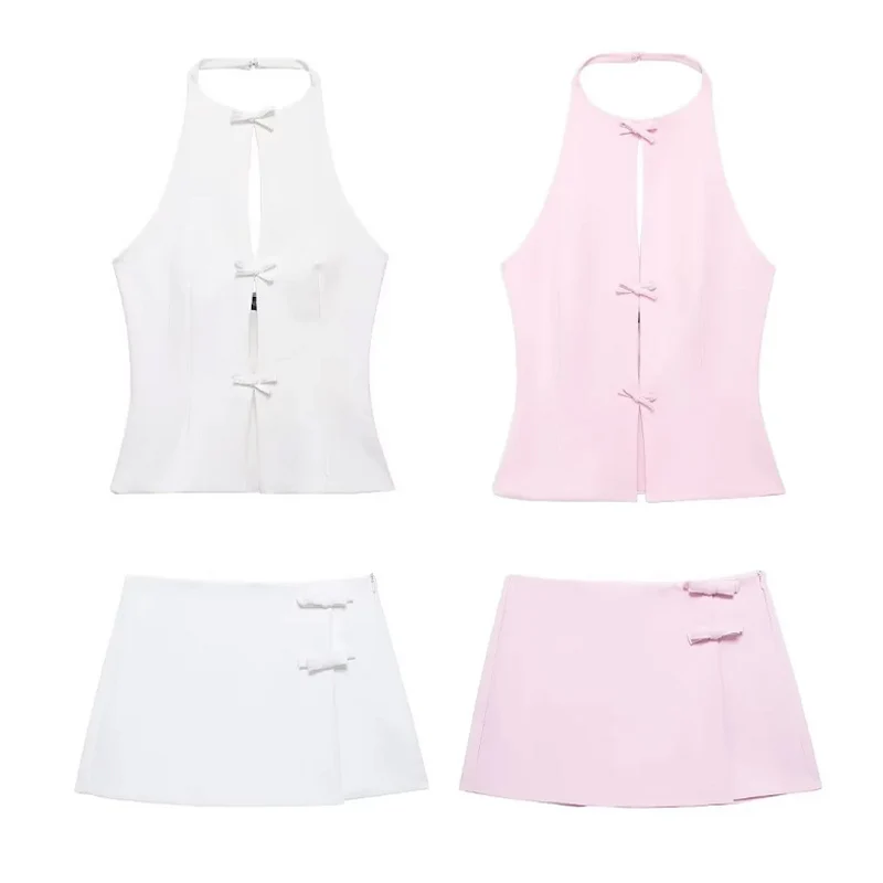 TRAF Bow Two Piece Set Backless Halter Women Top And Mid Waist Lady Skirt New In 2024 Summer Fashion Casual Office Lady Set