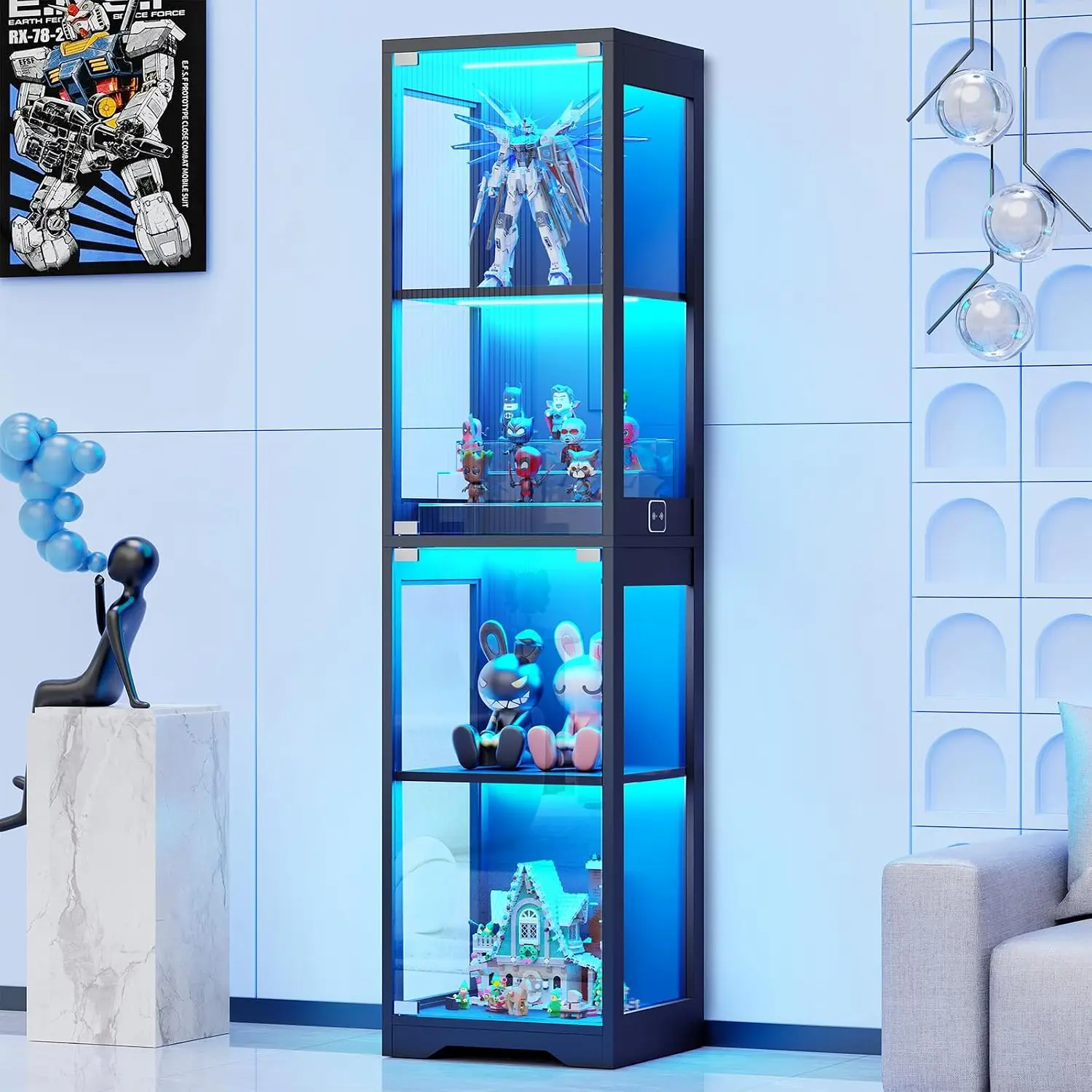 Glass Display Cabinet, 4-Tier Curio Cabinets with 3 Color Lights for Collectibles, Storage Cabinet with Door, Glass Display