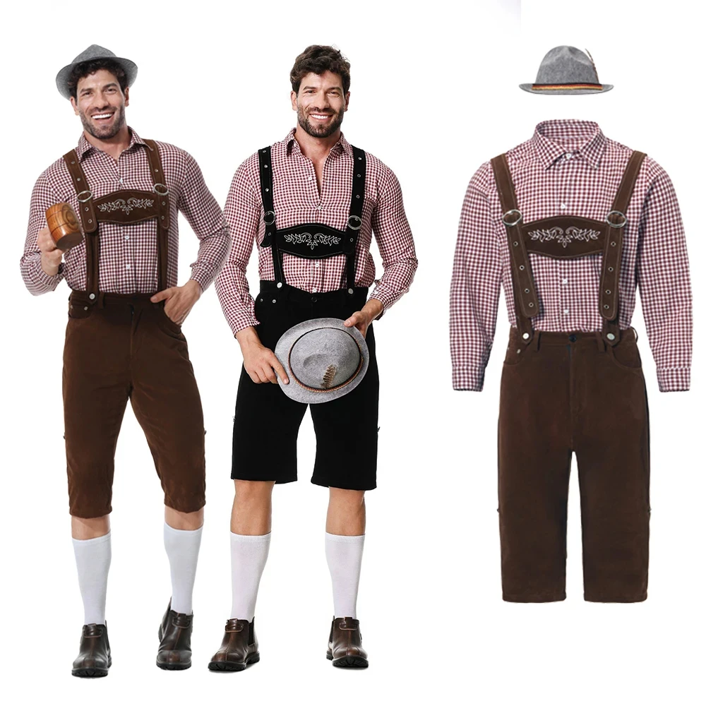 

3-Piece Suits Oktoberfest Lederhosen Costumes for Men Bavarian German Beer Festivals Suspenders Shirt Hat Male Cosplay Clothing