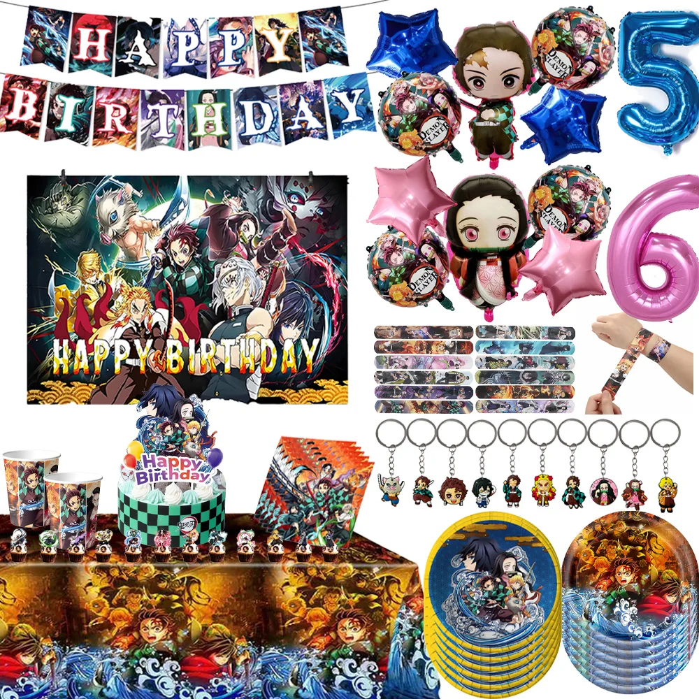 

Demon Slayer Birthday Party Decorations Demon Slayer: Kimetsu no Yaiba Balloon Tableware Keychain Party Gift Children's Party