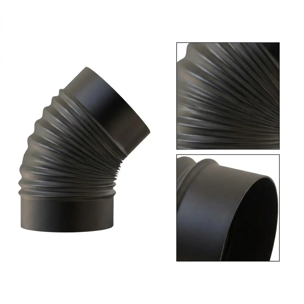 45 Degree Chimney Neck Black Flue Gas Connection For Stoves For Rugged Ribbed Design Smooth Ends Easy Connection Reliable