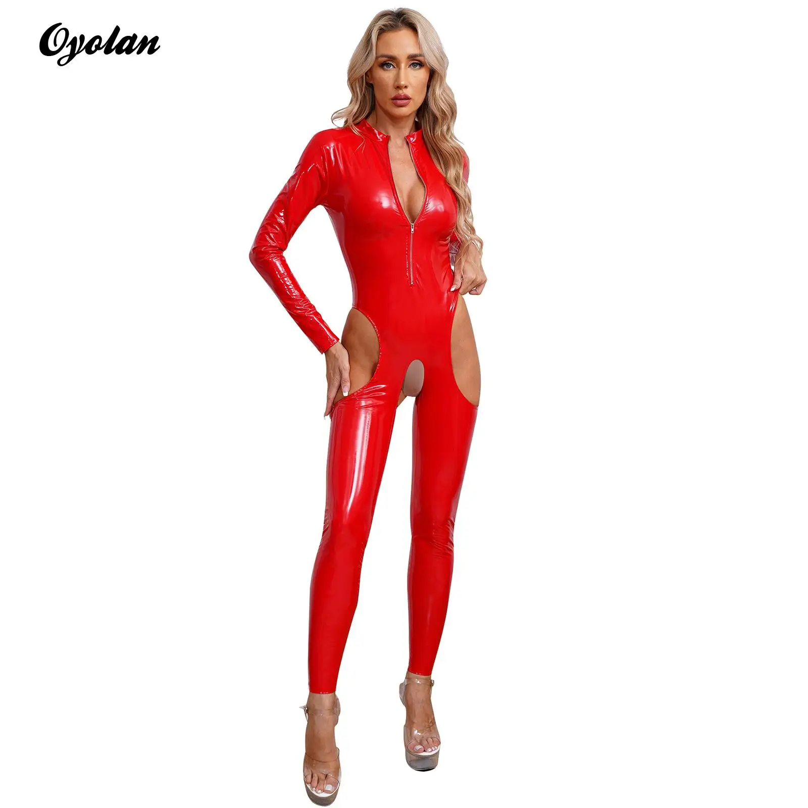 

Womens Lingerie Patent Leather Latex Jumpsuit Zipper Stand Collar Crotchless Catsuit Long Sleeve Bodysuit Wet Look Clubwear