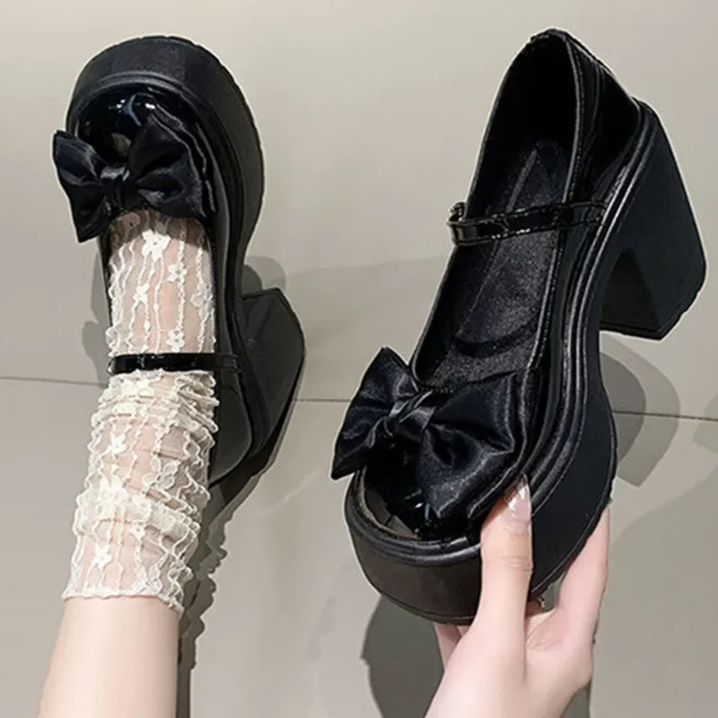 Suelas gruesas a la moda con zapatos de mujer Mary Jane, zapatos de cuero pequeños sexis con lazo para chica, nuevos zapatos individuales con aumento para otoño