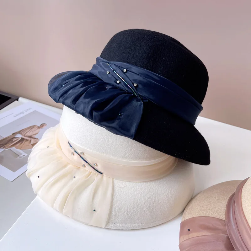 French Hepburn style pleated light yarn lampshade hat for women winter warm Australian wool felt hat rhinestone vintage top hat