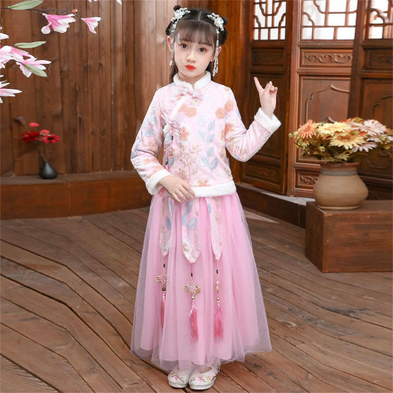 Chinese New Year Kids Dress Baby Girls Children Fairy Hanfu Fleece Lined Warm Embroidery Coat Jacket Tops+Princess Tulle Skirts image 2