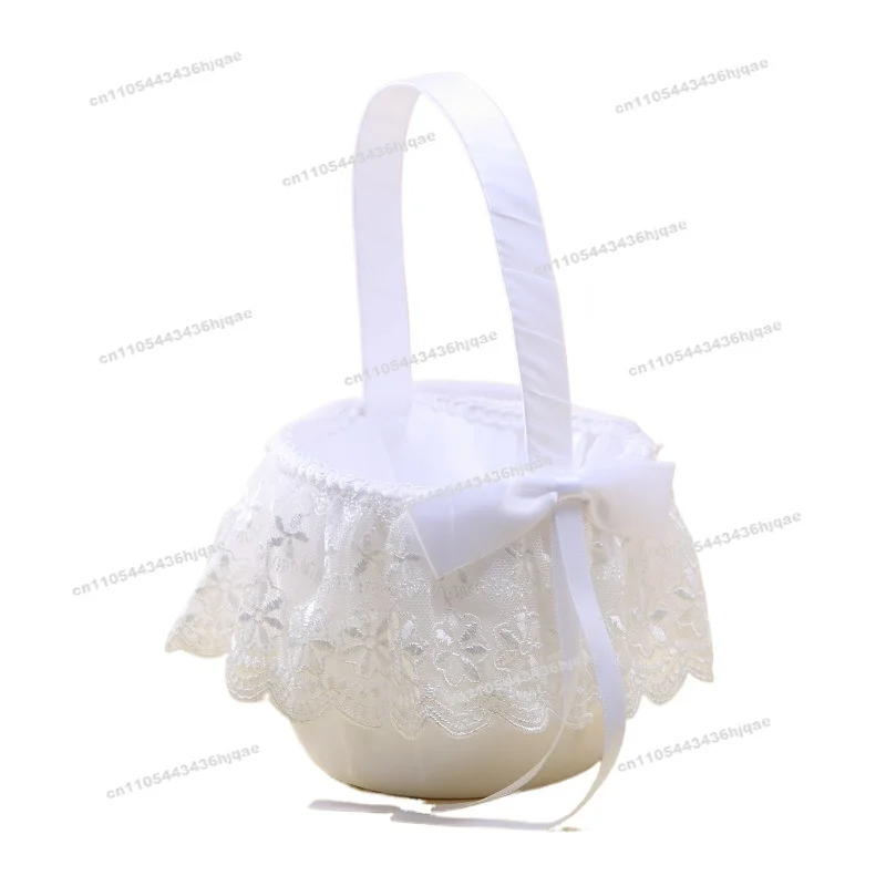 Western Wedding Bride Flower Girl Basket Pure Whitening Sprinkling Flower Knot Handle Flower Girl Basket Wedding Supplies