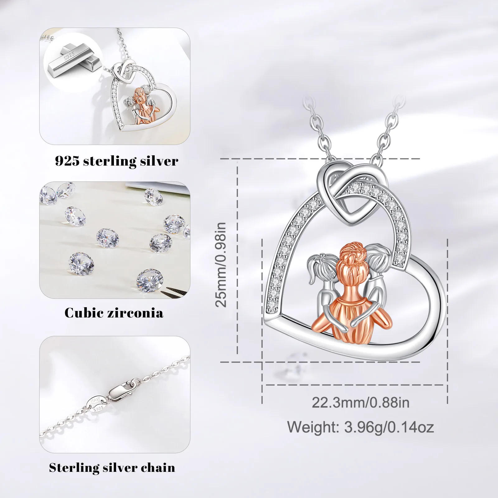 Eudora Original 925 Sterling Silver Mother Kids Necklace Heart Zircon Rose Gold Mom Boy Girl Pendant Jewelry Mother's Day Gift