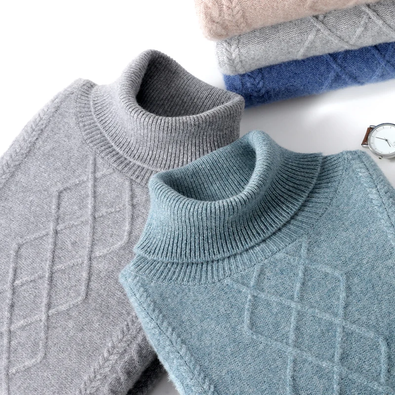 

100% Pure Wool Men's Casual Double Thick Twisted High Lapel Bottoming Knitted Cashmere Sweater