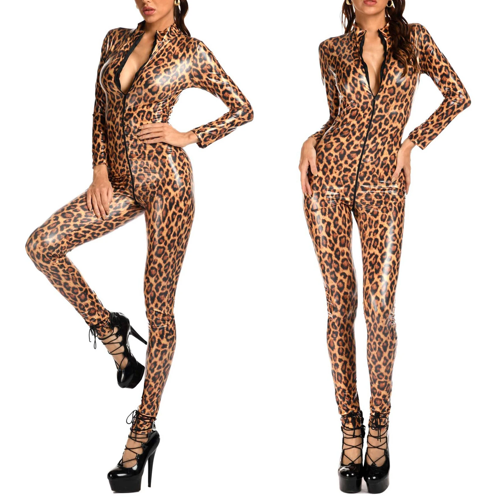 Sexy Double Zipper Open Crotch Women Leopard Print Jumpsuit Bodysuit Game Cosplay Latex Clothing Catsuit Nightclub Costume