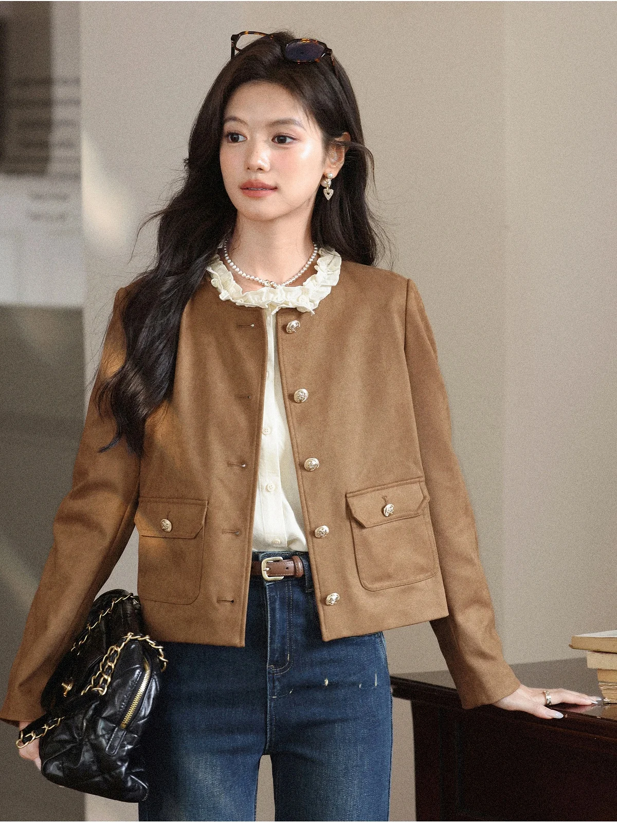 

Short Women's Jacket Autumn New Style Versatile Brown Leather Coat High Collar Loose Fit Regular Sleeve Long Sleeve Pure Color