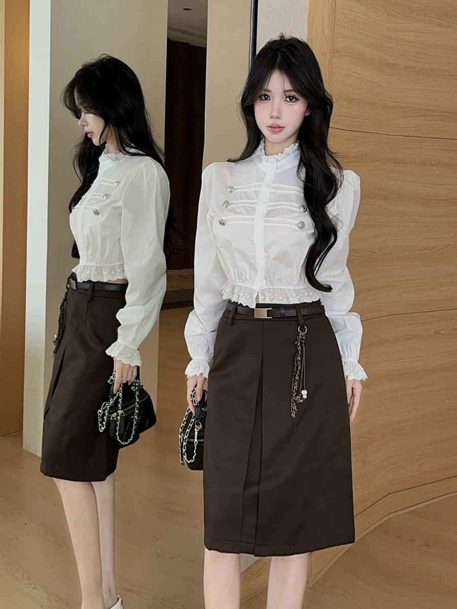Retro Court Style Long Sleeve White Lace Shirt Top Bodycon  Skirt Double Button Design Fashionable Two-Piece Women's Set