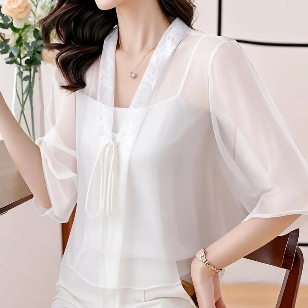 Fashion Half Sleeve Chiffon Cardigan Lightweight Sun Protection Shawl Cardigan Breathable V-Neck Outerwear Top Outdoor Wear