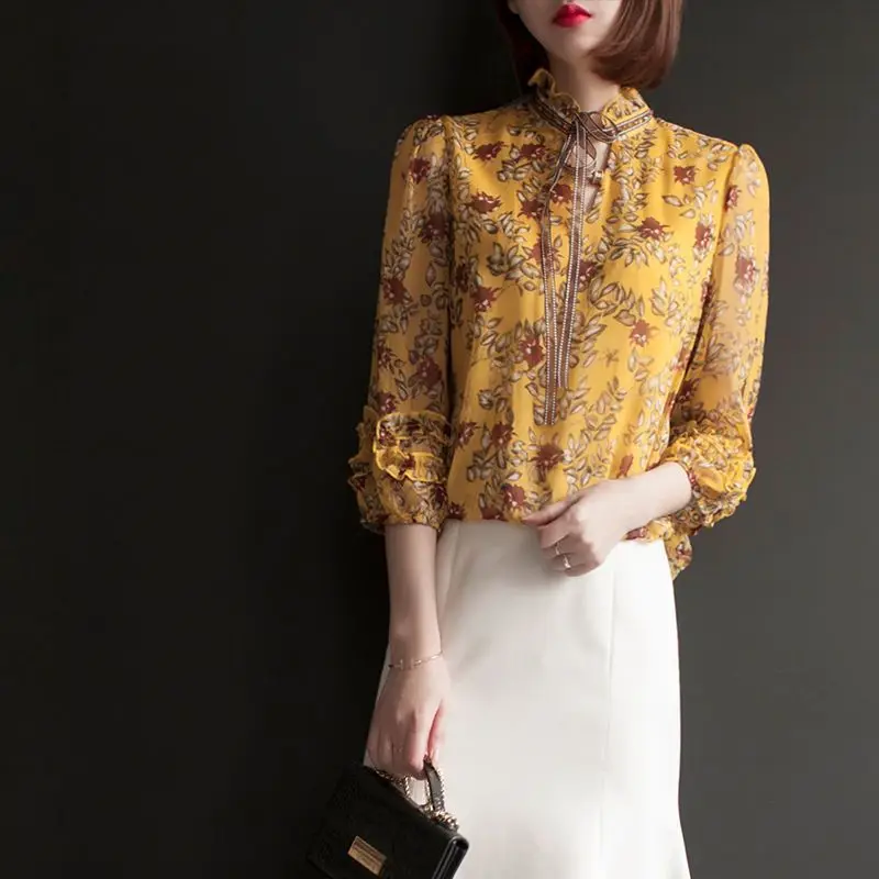 

Stylish Broken Flower Shirt Female Commute Summer Stand Collar Elegant Edible Tree Fungus Spliced Straight Bandage Bow Blouse