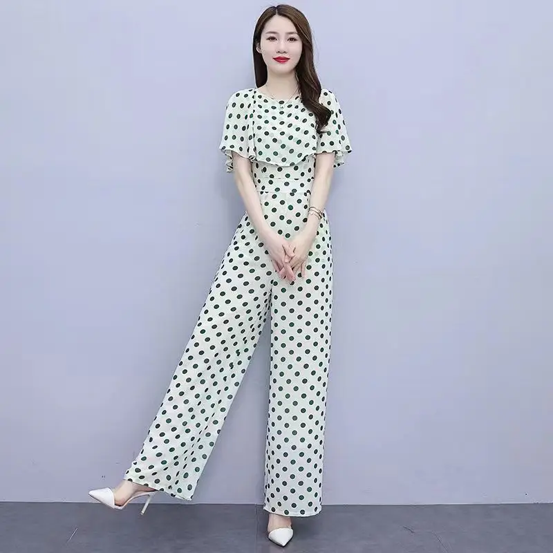 

Advanced And Fashionable Polka Dot Chiffon Wide Leg Jumpsuit Set For Women's Summer 2023 New Temperament Goddess Style Jumpsuit