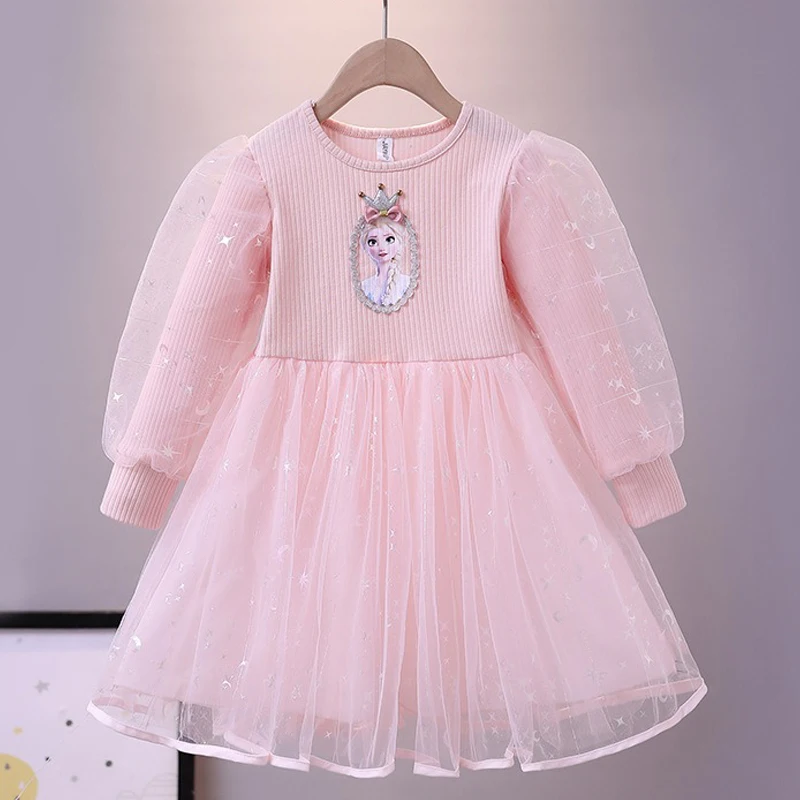 

2024 New Disney Girls Frozen Dress Long-sleeved Princess Dress for Children Gauze Kids Dress Anna Birthday Party Clothes 2-8T