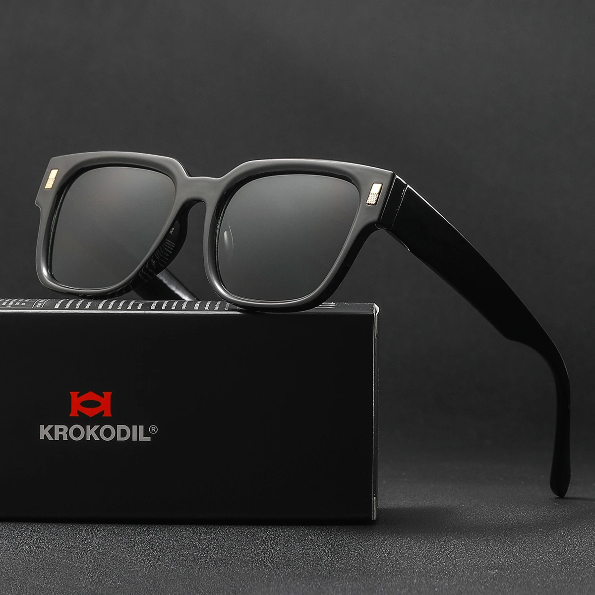 KROKODIL Mens Retro Square Sun Glasses Anti Glare UV400 Lens Solid Black Frame For Casual Sports Outdoor Activities