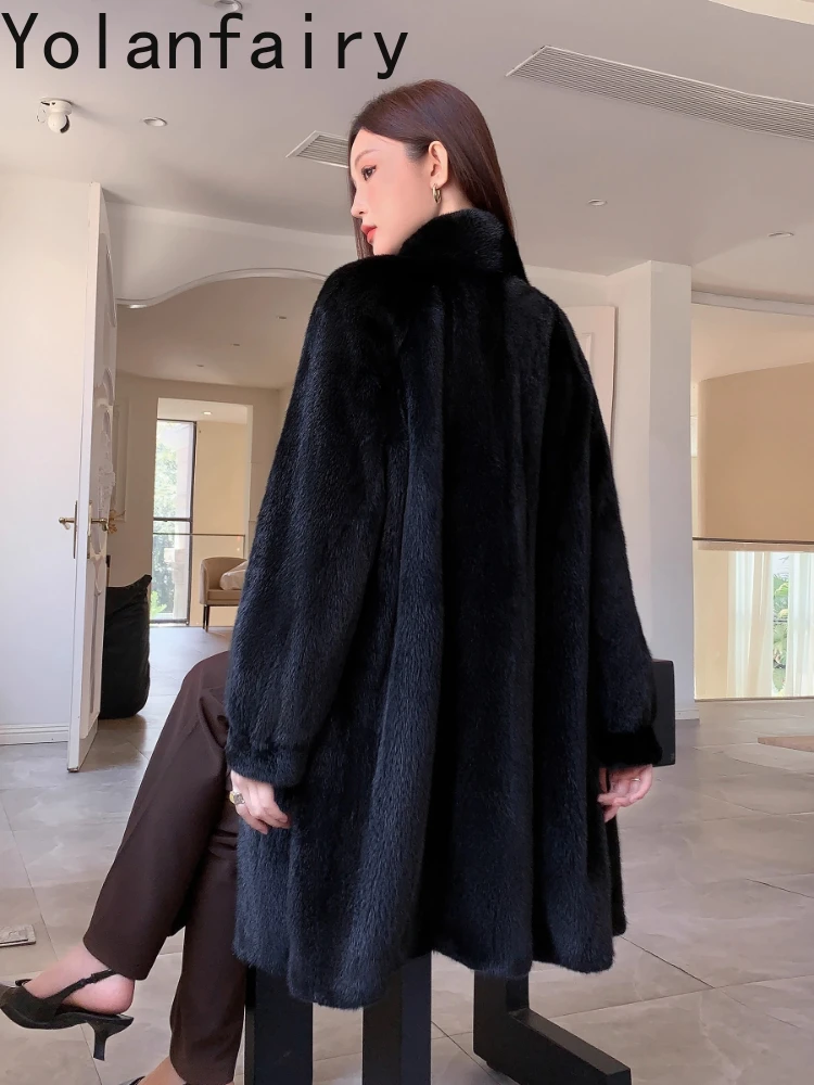 YOLANFAIRY جديد معطف فرو المنك الحقيقي المرأة سترة 2025 الشتاء الفاخرة منتصف طول معطف الفرو الطبيعي امرأة الوقوف طوق معاطف الفراء الأسود #4