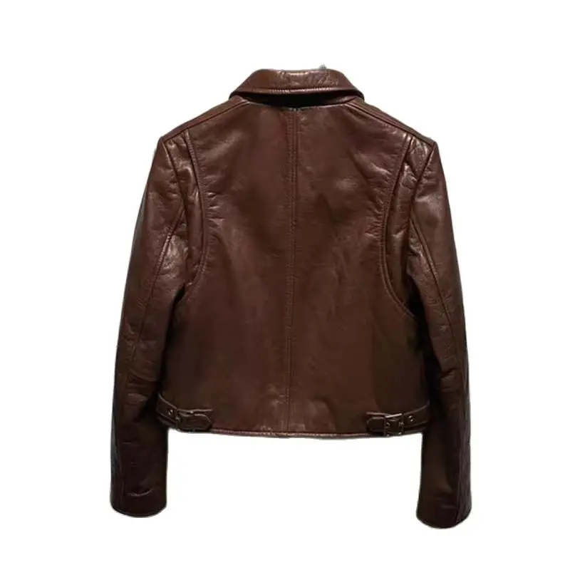 Genuine Leather Jacket Turn-Down Collar New Fashion Women Coat Spring Retro Craft Style Long Sleeve Brown Pocket Decoration