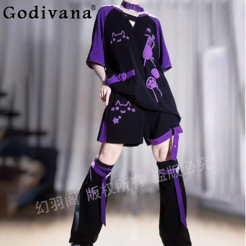 

2D Y2k Student Black and Purple Shorts Set Sportswear Spring and Summer New Cool Girl's Kawaii Oversize Top Shorts Leg Cover