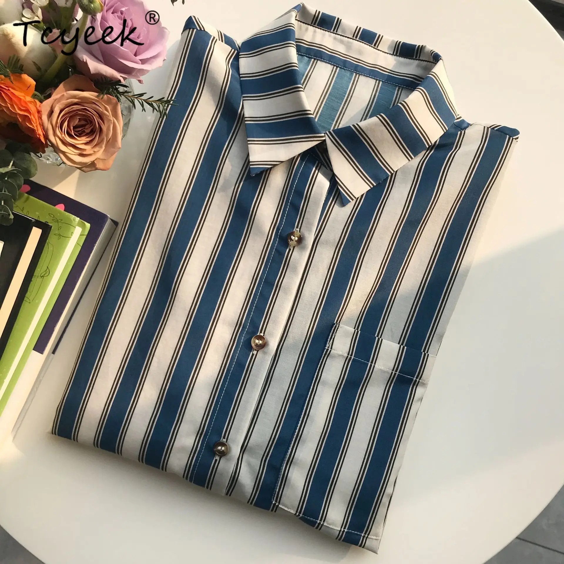 

Tcyeek,70% Cotton 30% Silk Elegant Shirts, Women Long Sleeve, Loose Vertical Stripe Casual Blouse, 2024 Spring Autumn T4N015JC