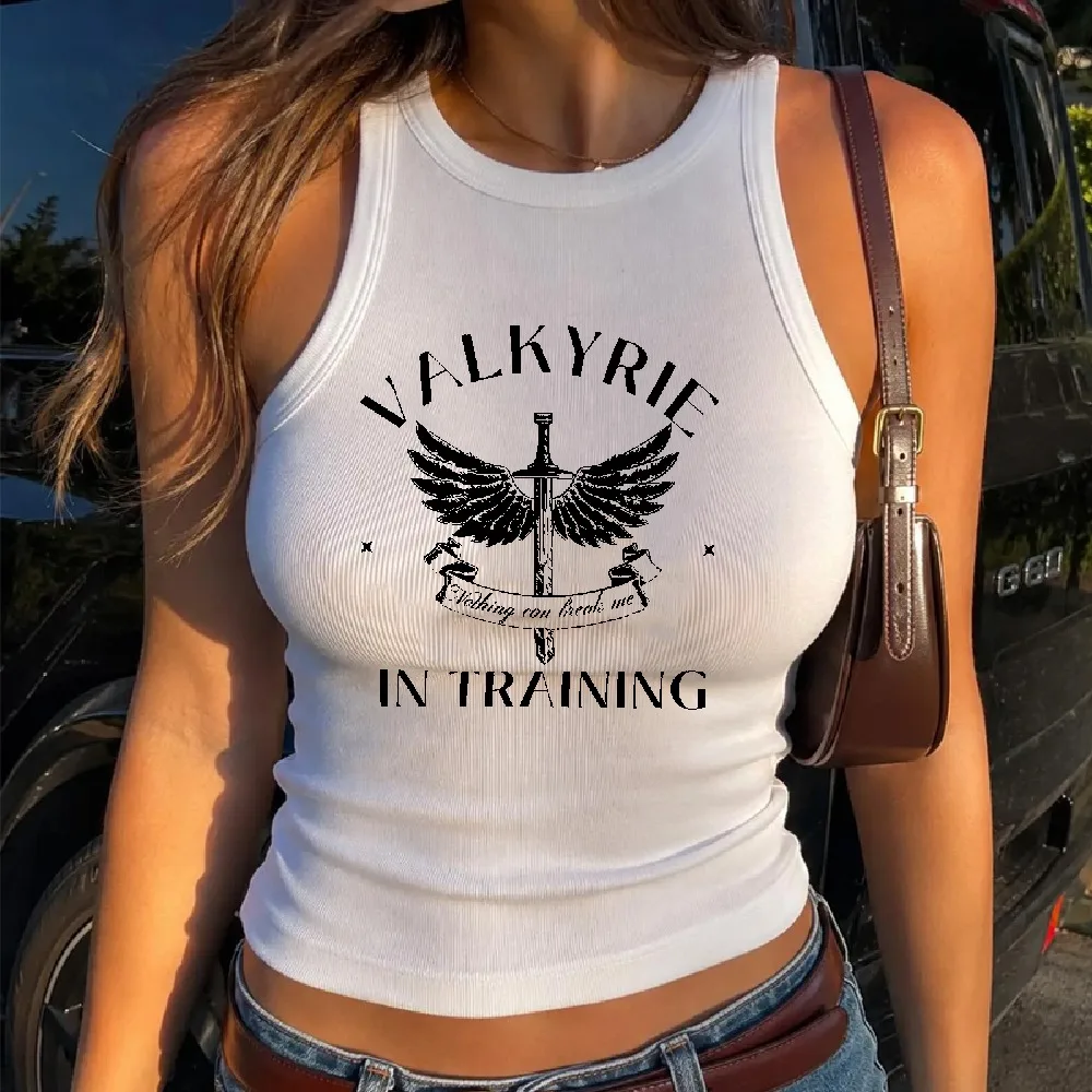 ACOTAR Valkyrie in Training Wing Sword Graphic Ribbed Crop Tank Tops Nesta Silver Flames Night Court Summer Booktok Holiday Gift