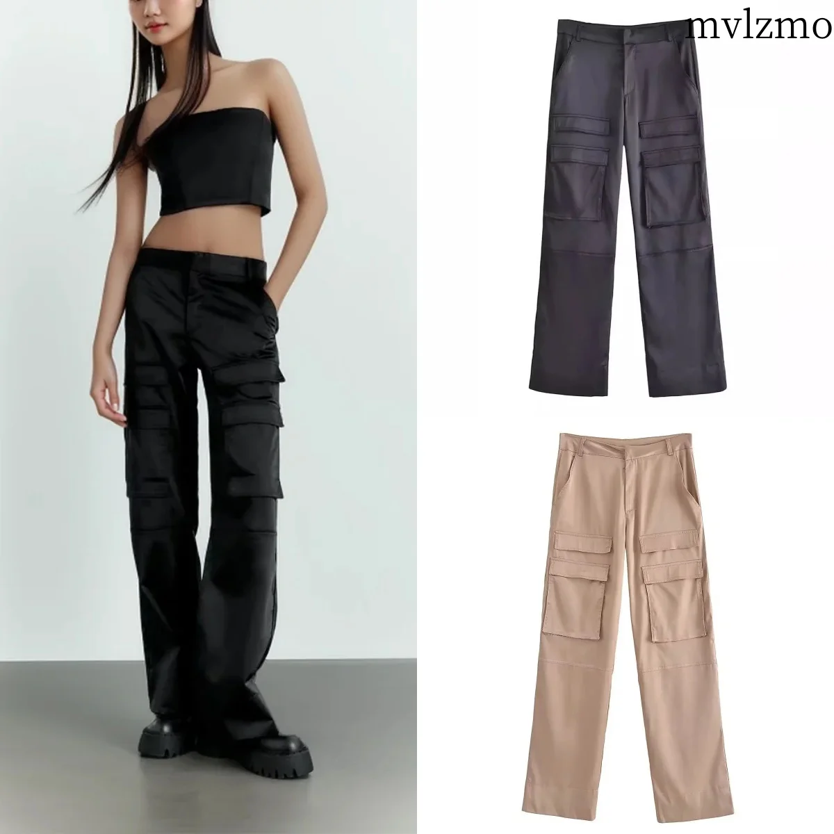 

2024 spring and summer new women's fashion with pockets satin trousers retro high waist zip women's trousers