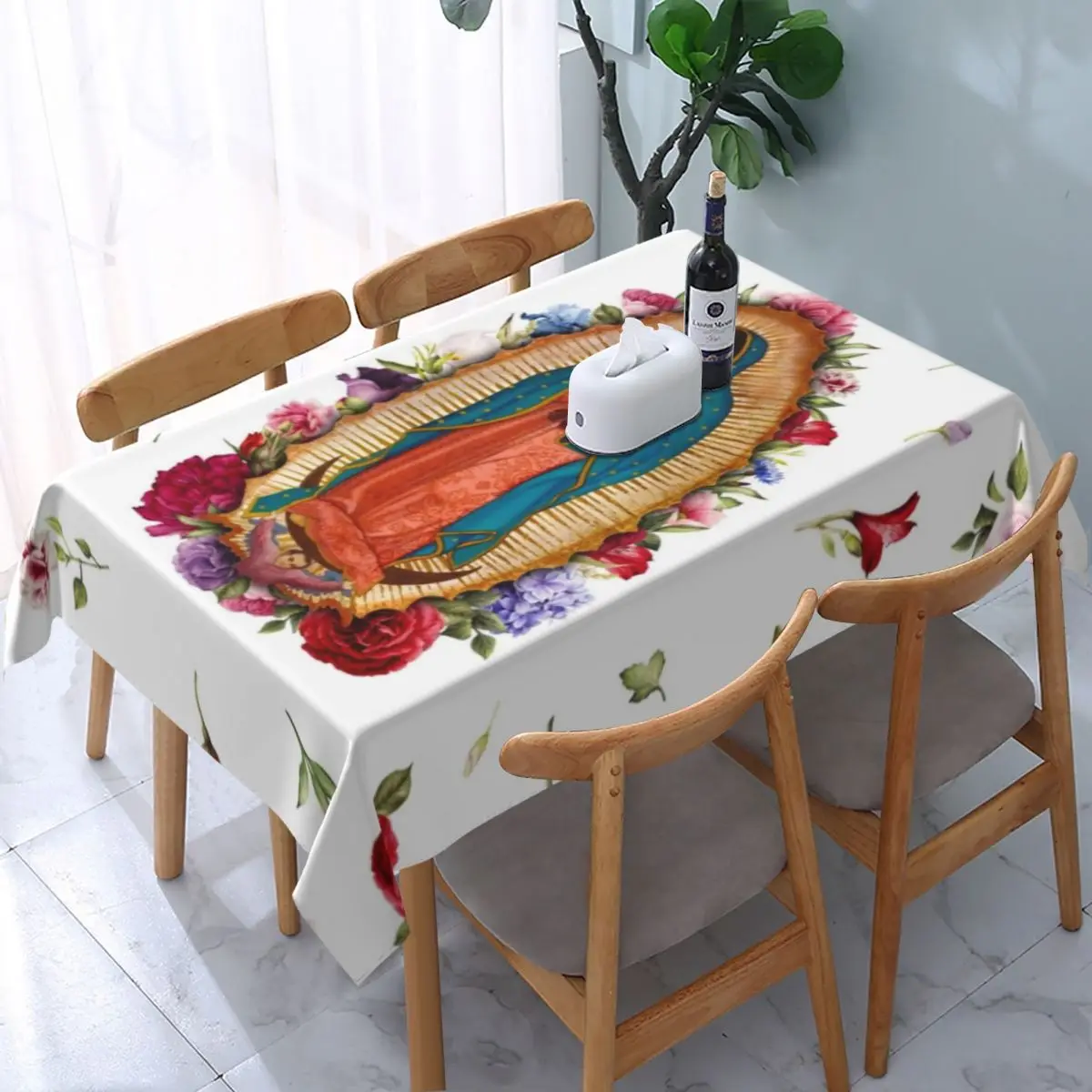 Rectangular Oilproof Virgen De Guadalupe Table Cover Fitted Our Lady of Guadalupe Table Cloth Backing Edge Tablecloth for Dining