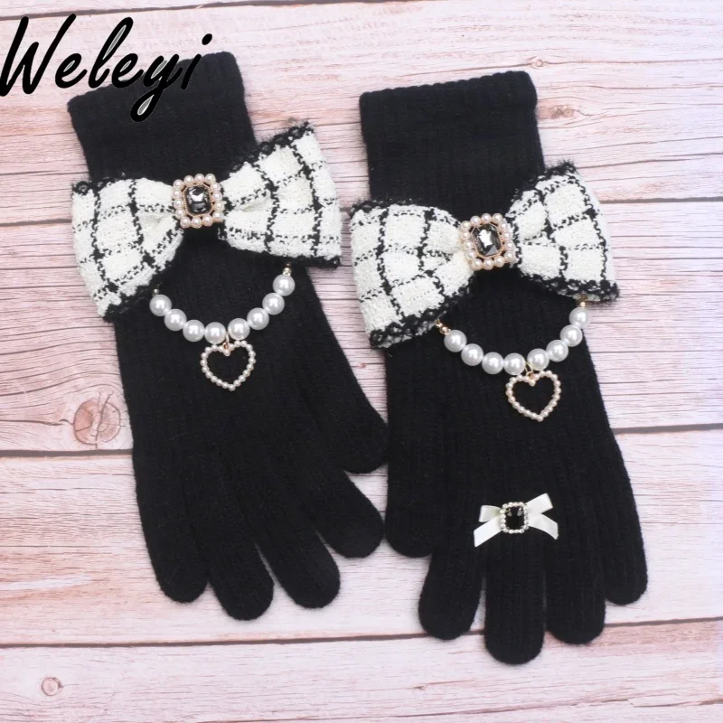 Big Bow Beaded Wool Knitted Winter Gloves Sweet Index Finger Middle Finger Opening Touch Screen Split Finger Gloves for Women