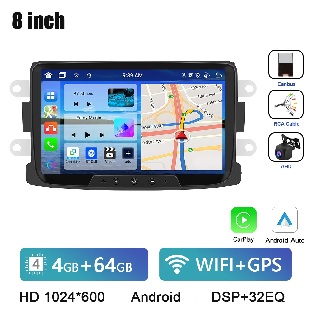 Podofo 8 "Autoradio CarPlay Android Radio Voor Renault Dacia Sandero/Duster/Logan/Dokker 2010-2015 multimedia GPS Bluetooth FM
