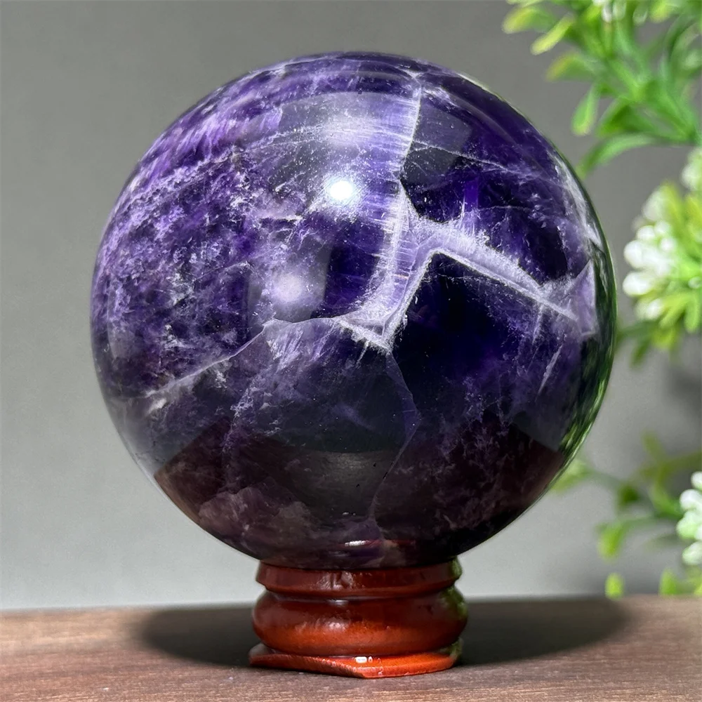 Natural Dream Amethyst Ball Mineral Crystal Polishing Process Energy Spiritual Meditation Massage Home Decoration Gift+Base