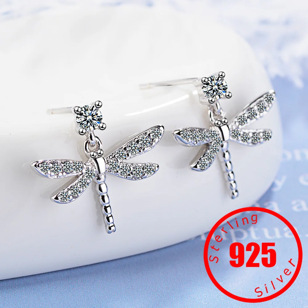 

New Creative Temperament Full Of Crystal Dragonfly Stamp 925 Sterling Silver Jewelry Sweet Insect Personality Stud Earrings