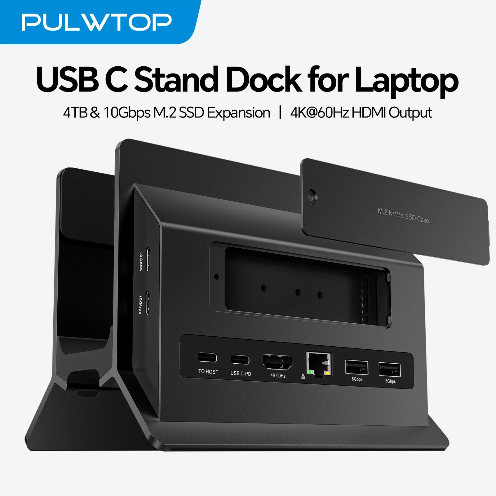 PULWTOP Laptop Docking Station with M.2 SSD Expansion, HD 4K, RJ45, USB-C 2USB C 10Gbps, SD/TF, for Full-featured Type-C Laptops